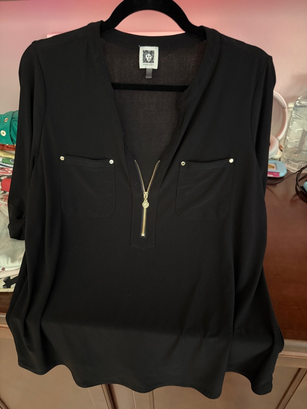 Anne Klein Black Blouse with Gold Zip and Chest Pockets